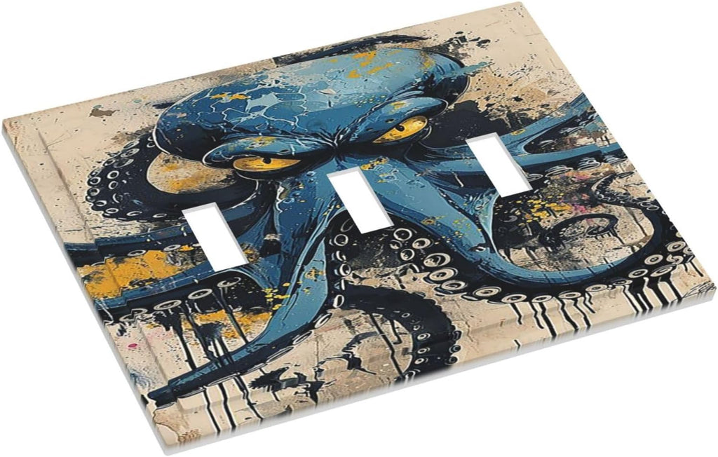 Decorative Switch Plates Nautical Vintage Blue Octopus Yellow Eyes Oil Watercolor 3 Gang Wall Plate Triple Toggle Light Switch Cover Faceplate Electrical Wall Panels for Kids room