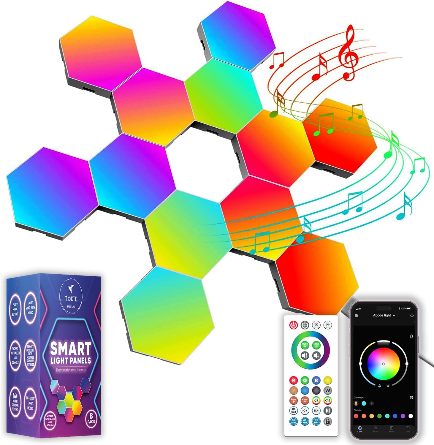 12-Pack RGB Hexagon Wall Panels - Hexagon Lights with APP & Remote-Control, Cool Music Sync - Multicolor 12PCS for Gaming Room, Living Room & Bedroom