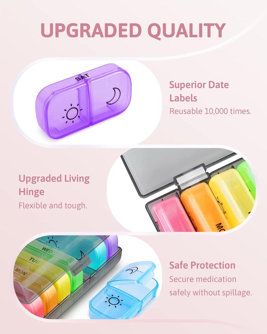 FEATY Weekly Pill Organizer 2 Times a Day with Same-Side Large Opening for Easy Filling & Retrieving, Color Tracking 7 Day AM PM Pill Box with Large BPA Free Pill Case for Vitamins, Fish Oils (Black)