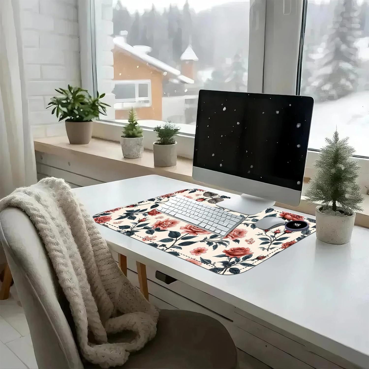 Heated Mouse Pad with 3 Temperature Settings(104°F–122°F),Large 24x14.2 Inch PU Leather Heated Desk Mat,Waterproof Warming Pad for Office,Gaming & Cold Hands Relief,Retro Flowers