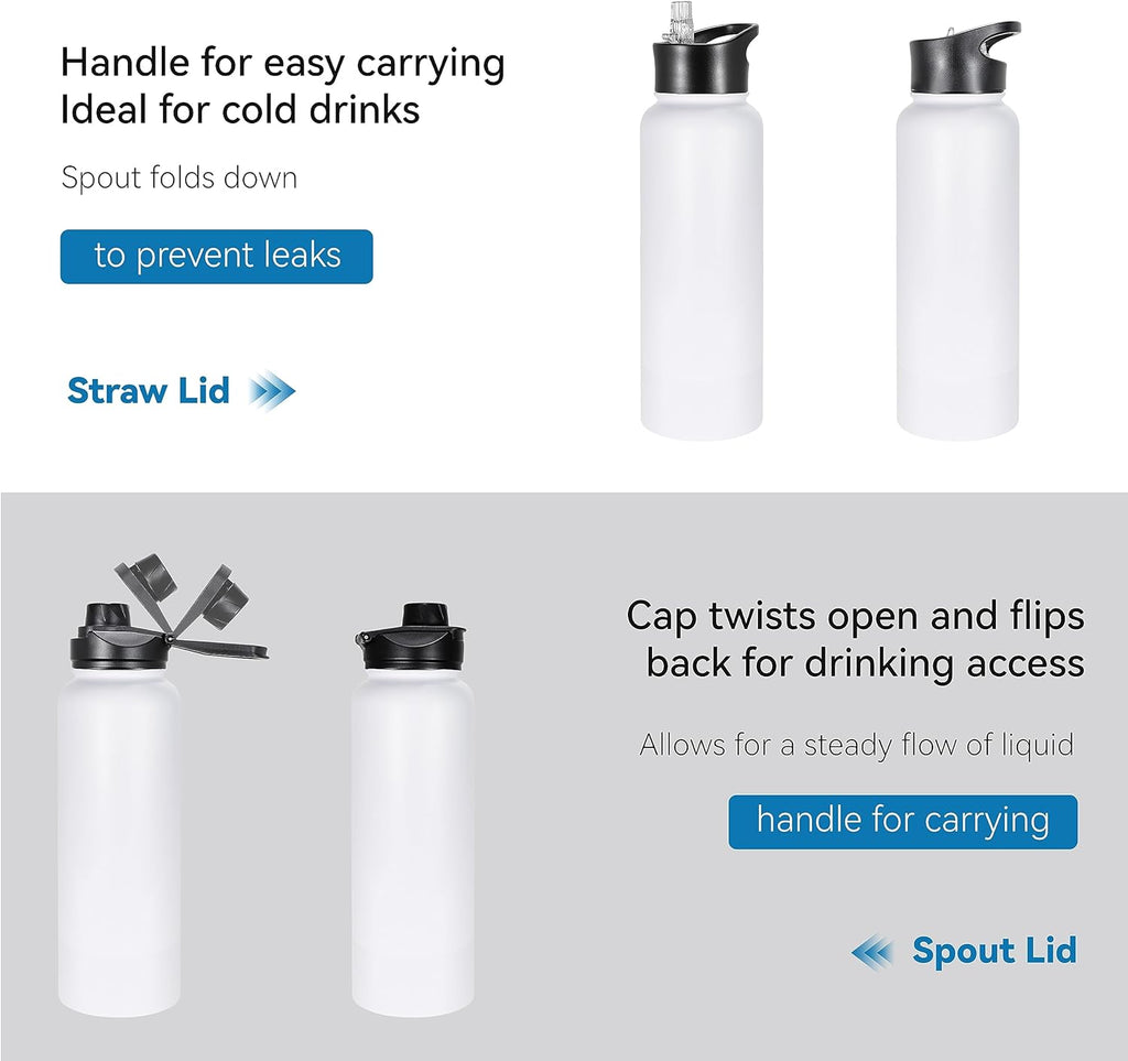 VEGOND 40 oz Insulated Water Bottle Stainless Steel Metal Water Bottles with Leak Proof Straw Lid & Spout Lid, Wide Mouth Double Walled Vacuum Travel Sports Bottle, White