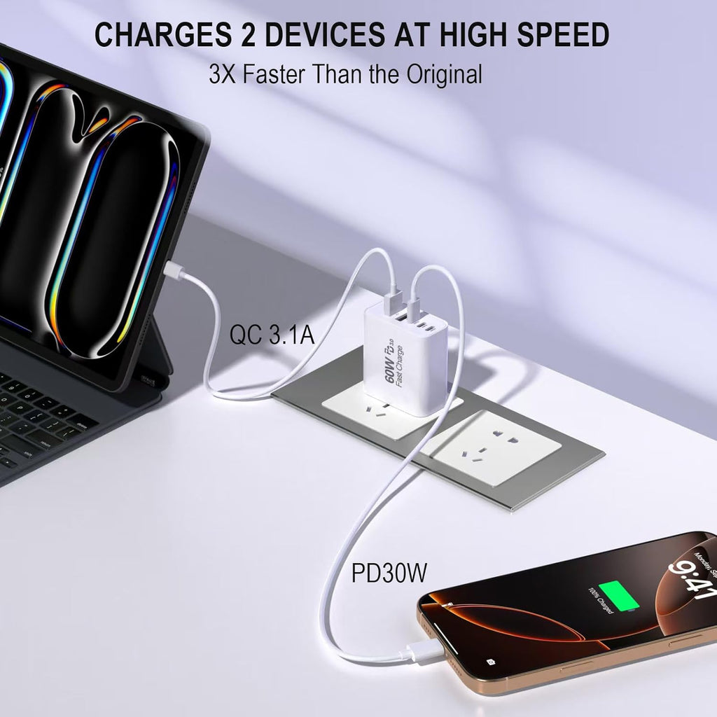 USB C Fast Charger Block, 2Pack 60W 5-Port Type C iPhone Charger Plug, Apple Fast Charging Block, 3 USB C+2 USB A PD & QC 3.0 Power Adapter Multi-port Cube Brick for iPhone 16/15/14/13/12/11/X/8, iPad