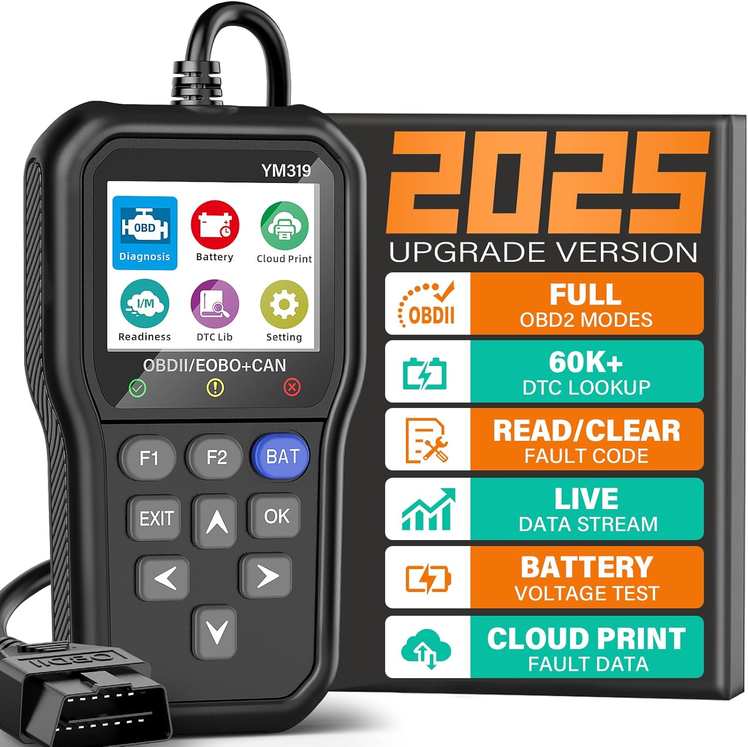 BluSon YM319 OBD2 Scanner Diagnostic Tool with Battery Tester, Check Engine Fault Code Reader with Live Data, Cloud Printing, DTC Lookup, Freeze Frame, Scan Tool for All OBDII Protocol Cars Since 1996