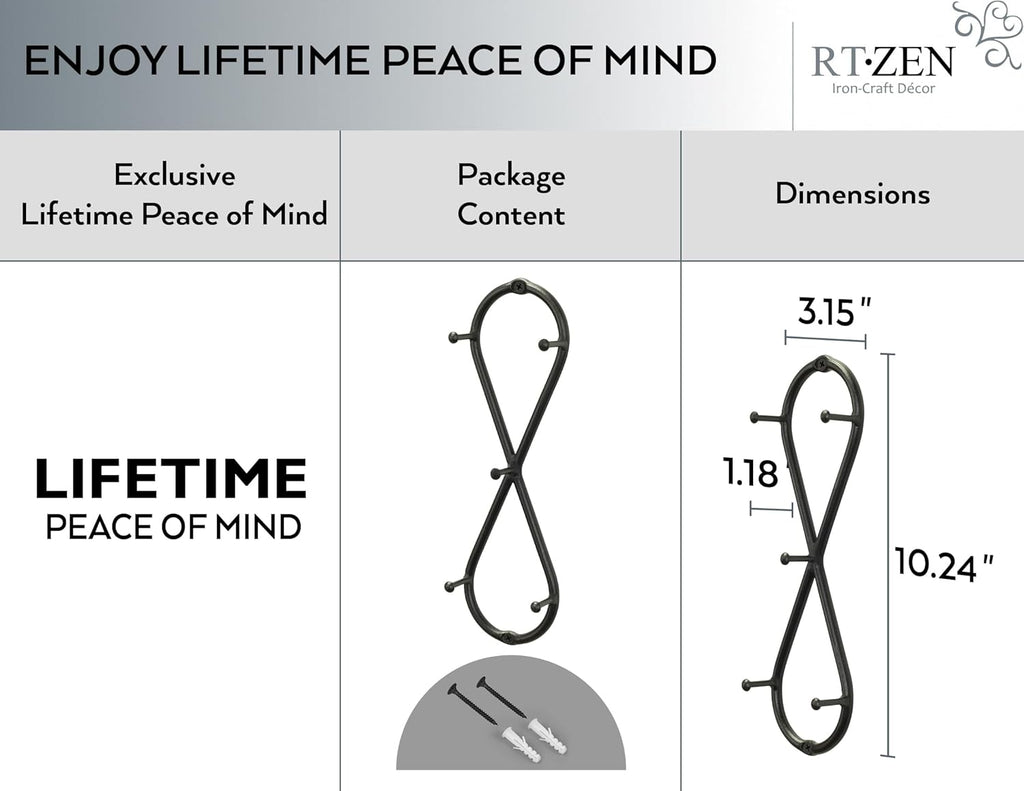 RTZEN Farmhouse Small Key Holder for Wall - Handcrafted Swirl Decorative 5 Key Hooks for Home Entryway - Wrought Iron Wall Mount Rack Purse Coat and Leash Holder or Organizer (Infinity Black)