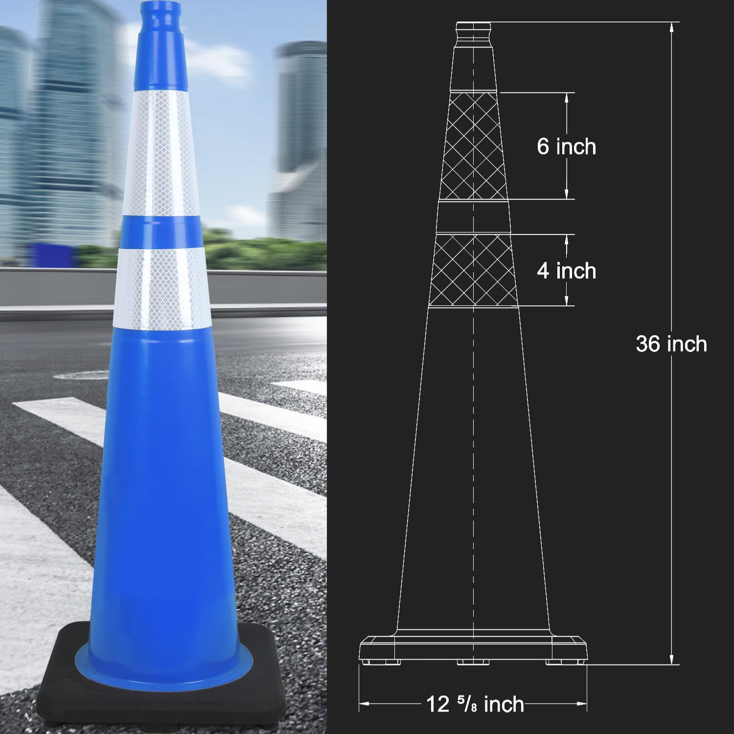 6 Pack 36" Large-Sized PVC Traffic Cones with Heavy-Duty Black Base, Garage Parking Lot Cones Structurally Stable Weatherproof Road Construction Safety Cones (6, Blue, 36" Extra Large)