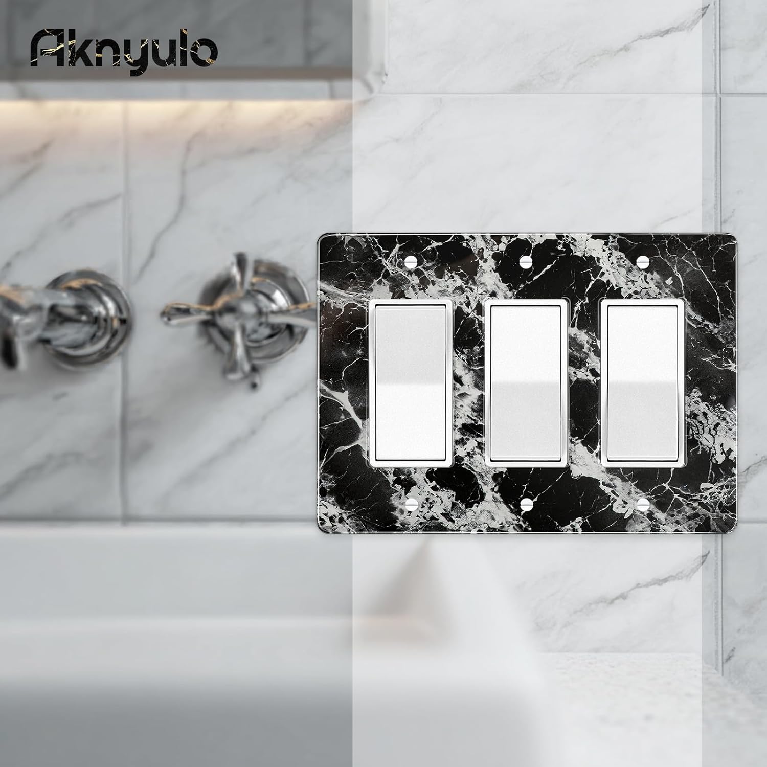 Black White Marble Pattern Acrylic Shiny Silver Wall Plate Triple Toggle Outlet Covers Decorative Switch Cover
