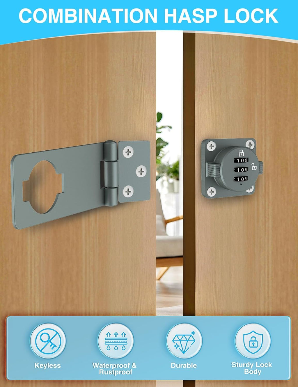 Keyless Cabinet Combination Lock, 3-Digit Password Twist Knob Hasp Latch for Doors, Cabinets, Drawers, Barn Door, Bathroom, Outdoor, Closet, Fence, Durable Zinc Alloy, (Gray, 1 Pack)