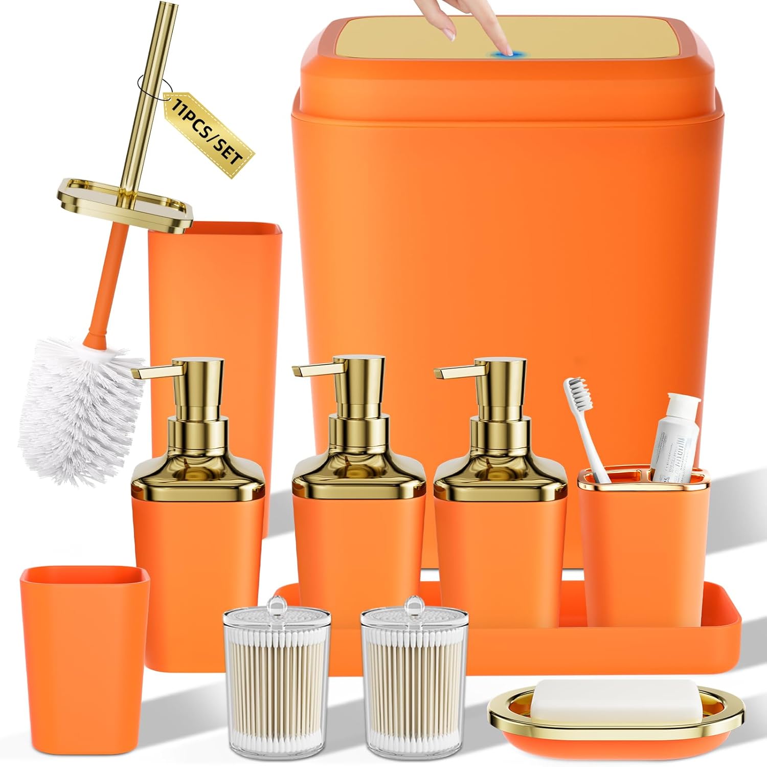 Bathroom Accessory Set, 11PC Bathroom Set, Orange Bathroom Accessories, Bathroom Accessories Set with Trash Can, 3PC Soap Dispensers and Toilet Brush