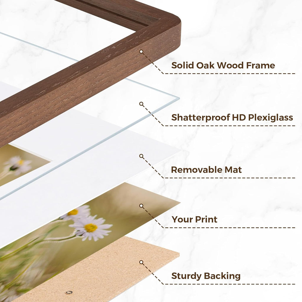 5x7 Picture Frame, 5 by 7 Photo Frame for Wall & Tabletop Display, Solid Oak Wood Frames with Plexiglass, 5x7 Frame Matted to 4x6, Light Wood 5 x 7 Picture Frame for Home Decor, Walnut Color, 1 Pack
