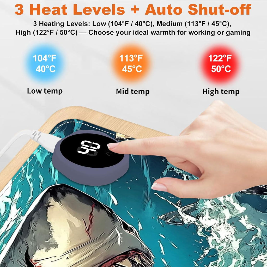 Small Heated Desk Pad 23.6" x 14.2" – Compact Electric Mouse Pad with 3 Heating Levels, Auto Shut-Off, Waterproof PU Surface, Plug-in Warmer for Office or Home Use, Angry Shark