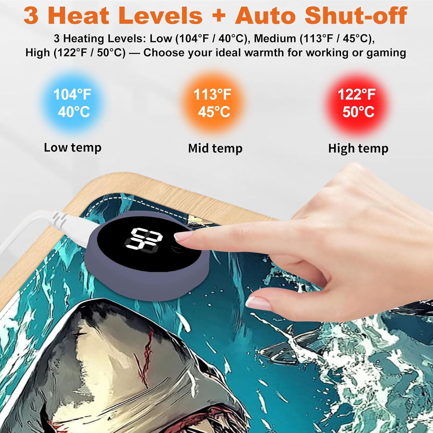 Heated Mouse Pad for Desk 31.5" x 13" – PU Leather Warm Desk Pad with 3 Heat Levels (104°F/113°F/122°F), Plug-in Electric Heating Mat with Auto Shut-Off, Waterproof & Rollable, Angry Shark