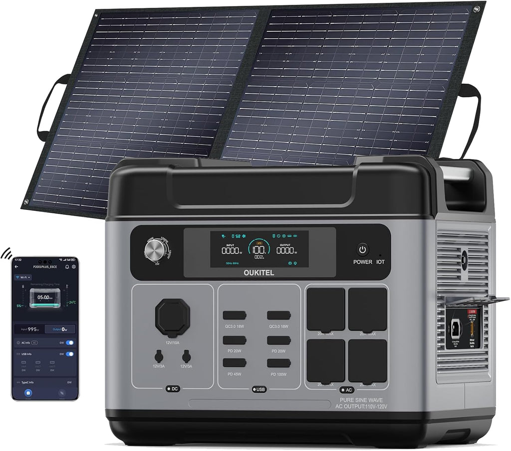 OUKITEL P2001 Plus 2400W Solar Generator with 100W Solar Panel, 2048Wh Solar power station, 1800W Fast Charging, Smart APP Control Emergency Power Station for Home, Camping, Outdoor Battery Backup
