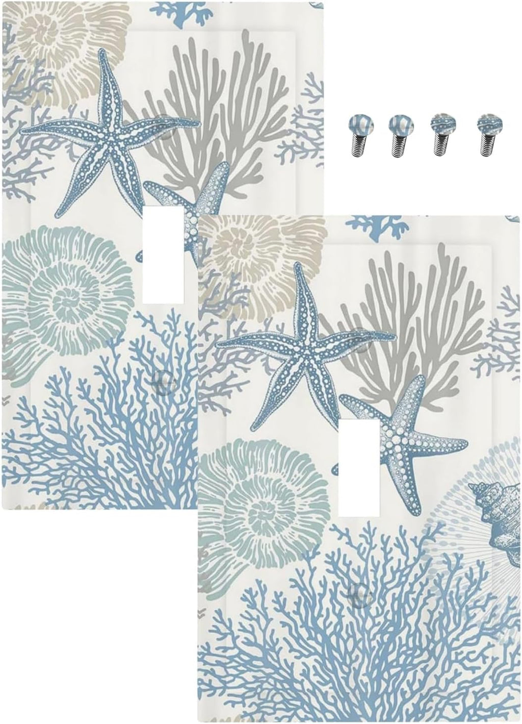 Decorative Light Switch Plate Covers Blue Starfish Coral Seaweed 1 Gang Light Switch Cover Plate Single Toggle Wall Plate Outlet Covers Faceplate for Bathroom Bedroom Decor （2 Pack）