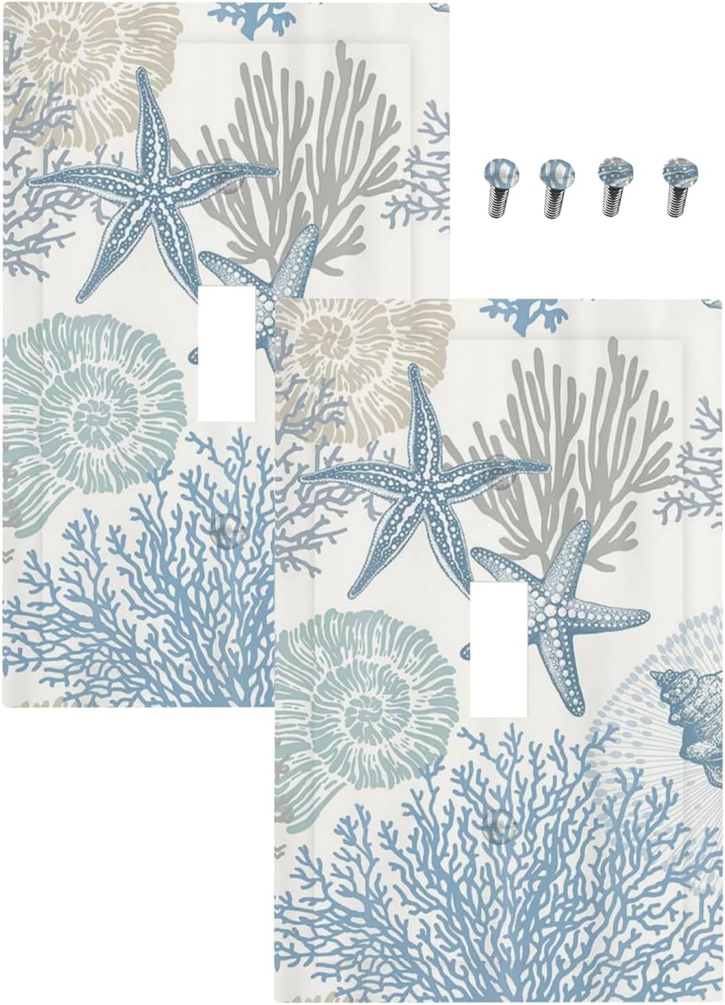 Decorative Light Switch Plate Covers Blue Starfish Coral Seaweed 1 Gang Light Switch Cover Plate Single Toggle Wall Plate Outlet Covers Faceplate for Bathroom Bedroom Decor （2 Pack）