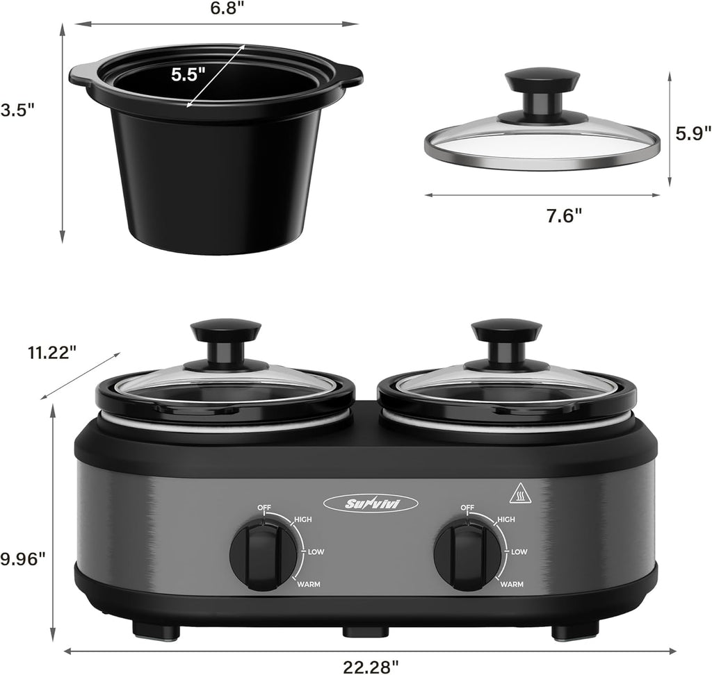 2 * 1.25 Quarts Dual Slow Cooker, Buffet Server & Warmer with 2 Removable Ceramic Pots, 3 Adjustable Temp Settings & 2 Visible Glass Lids, Stainless Steel, Grey