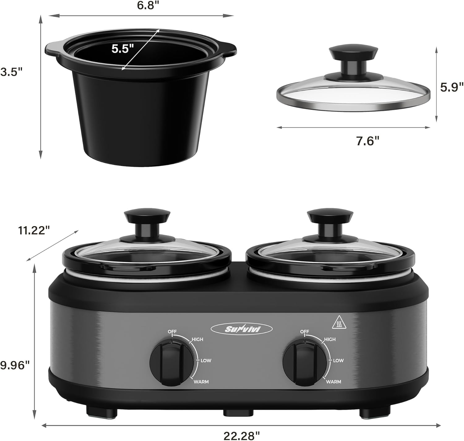 2 * 1.25 Quarts Dual Slow Cooker, Buffet Server & Warmer with 2 Removable Ceramic Pots, 3 Adjustable Temp Settings & 2 Visible Glass Lids, Stainless Steel, Grey