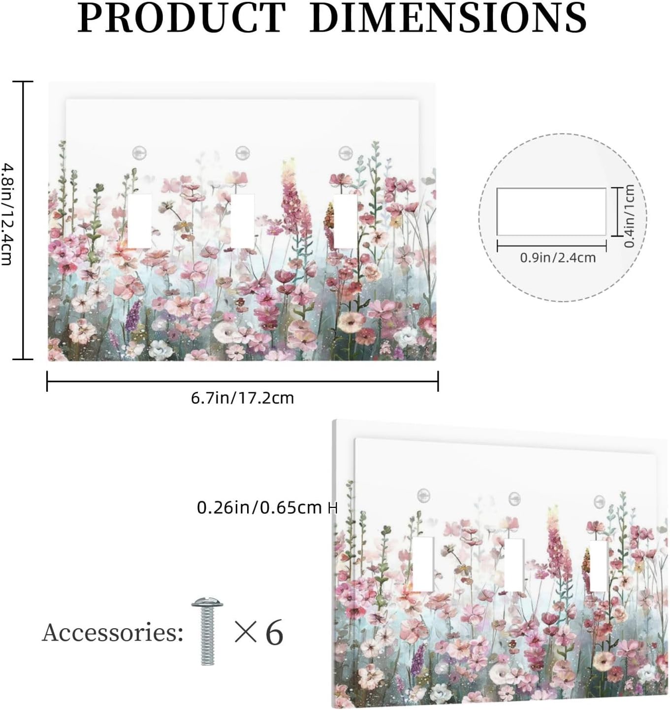 Colorful Flowers Pink Floral Watercolor Plant Decorative Switch Plates 3 Gang Wall Plate Triple Toggle Light Switch Cover Faceplate Electrical Wall Panels for Bed Room Living Room Decor