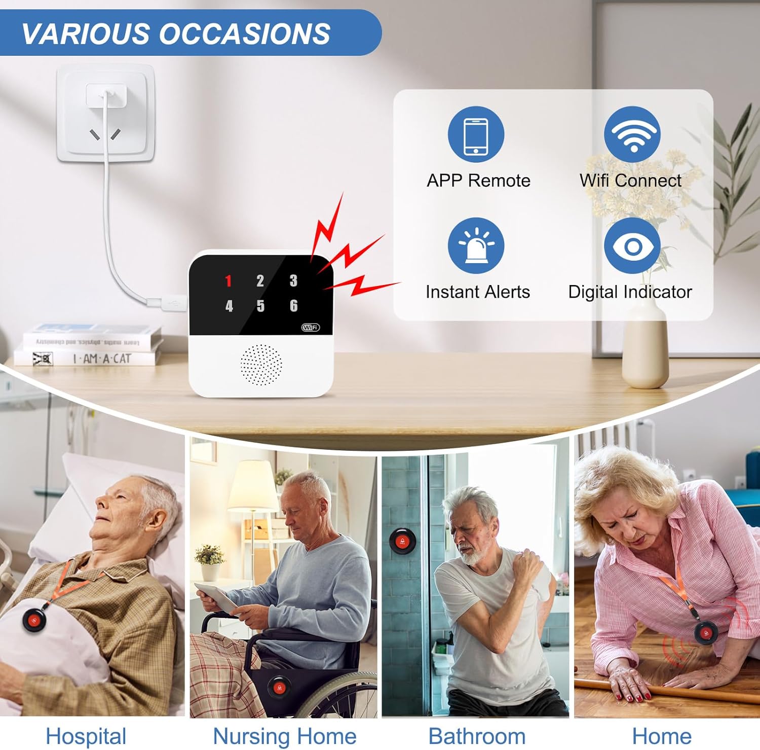 WiFi Caregiver Call Button for Elderly Senior Alert Button to Call Cell Phones Caregiver Pager System with Led Number Display 4 SOS Panic Button 1 Receiver (Only Supports 2.4Ghz & No Monthly Fee)