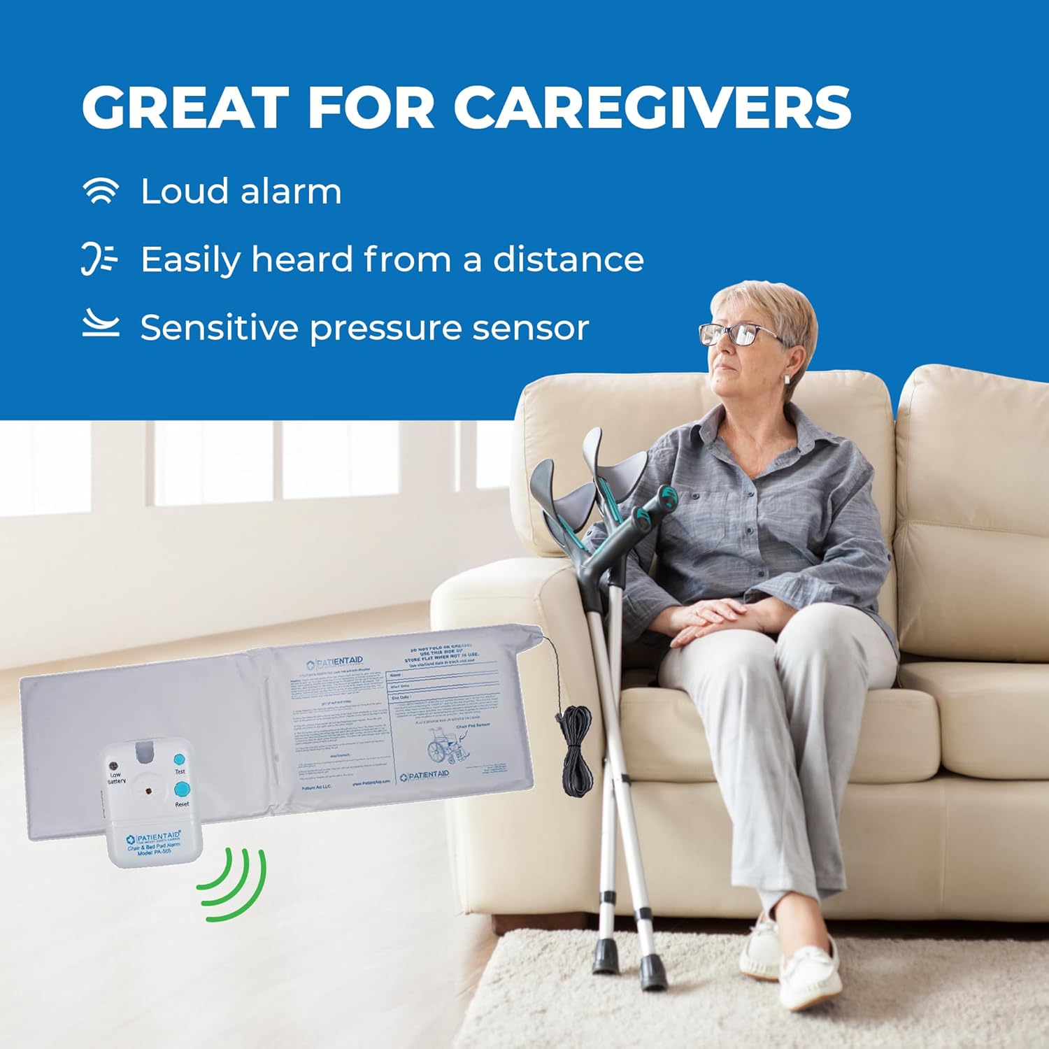 Patient Aid Chair Alarm with 10" x 15" Motion Sensor Pad and Wired Ring Device, Various Chime Sound and Mounting Options, AC Adapter and Battery Powered Wandering and Fall Prevention for Elderly