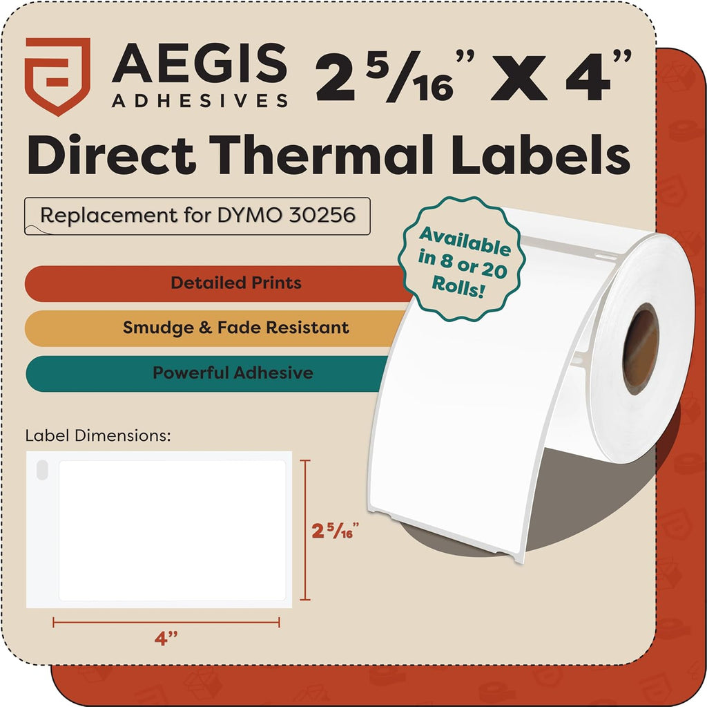 Aegis Adhesives - 2-5/16" X 4" Replacement for DYMO 30256 (8 Rolls/2400 Labels) Direct Thermal Shipping Labels - Compatible with LabelWriter 450, 450 Turbo, 4XL Printers (NOT 550, 5XL)