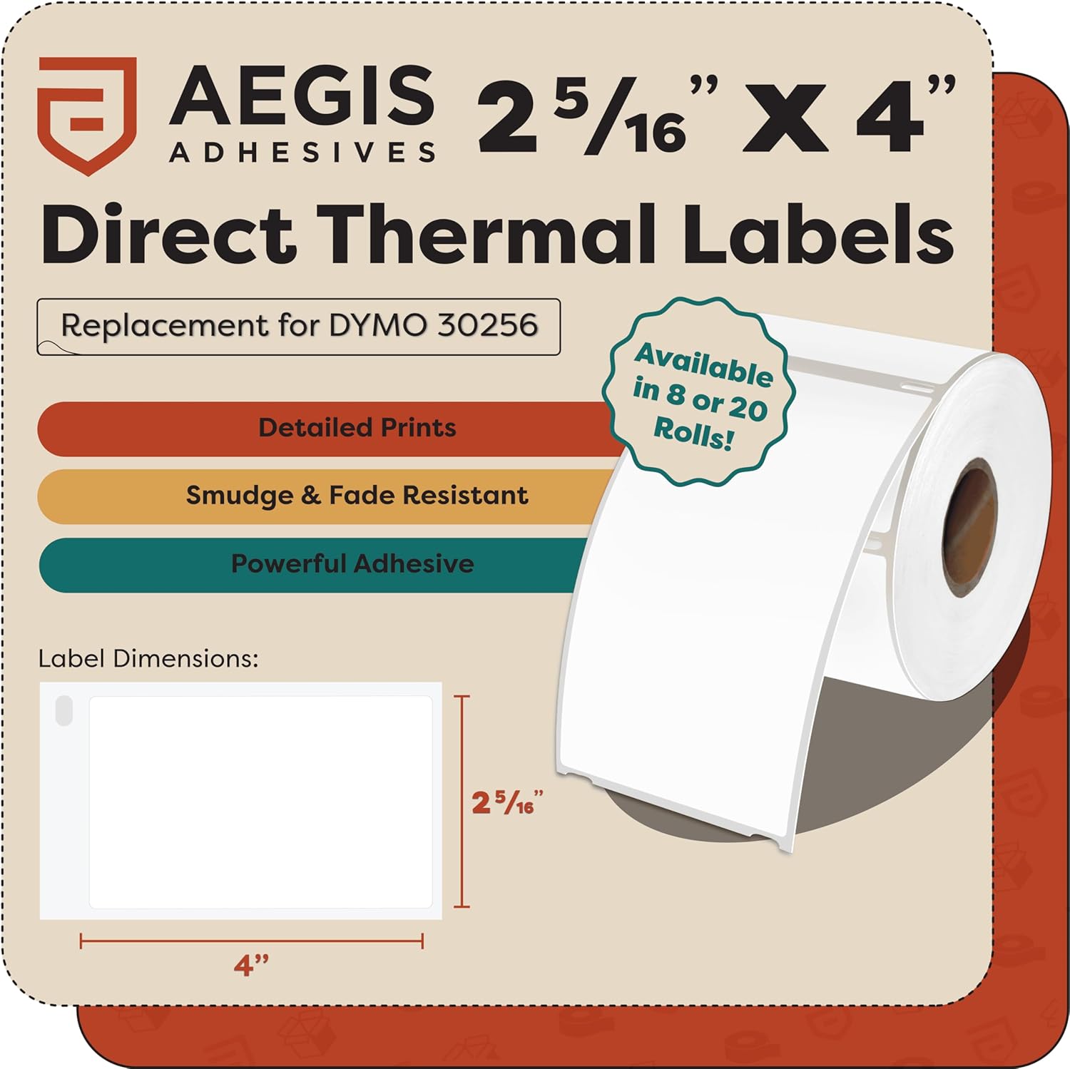 Aegis Adhesives - 2-5/16" X 4" Replacement for DYMO 30256 (8 Rolls/2400 Labels) Direct Thermal Shipping Labels - Compatible with LabelWriter 450, 450 Turbo, 4XL Printers (NOT 550, 5XL)