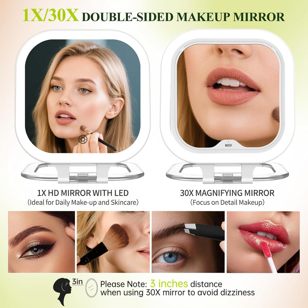 FUNTOUCH 30X Magnification Lighted Makeup Mirror,Double Sided Travel Vanity Mirror with Lights,Rechargeable 3 Color Lights & Adjustable Brightness, 300°Rotation, Foldable Portable for Christmas