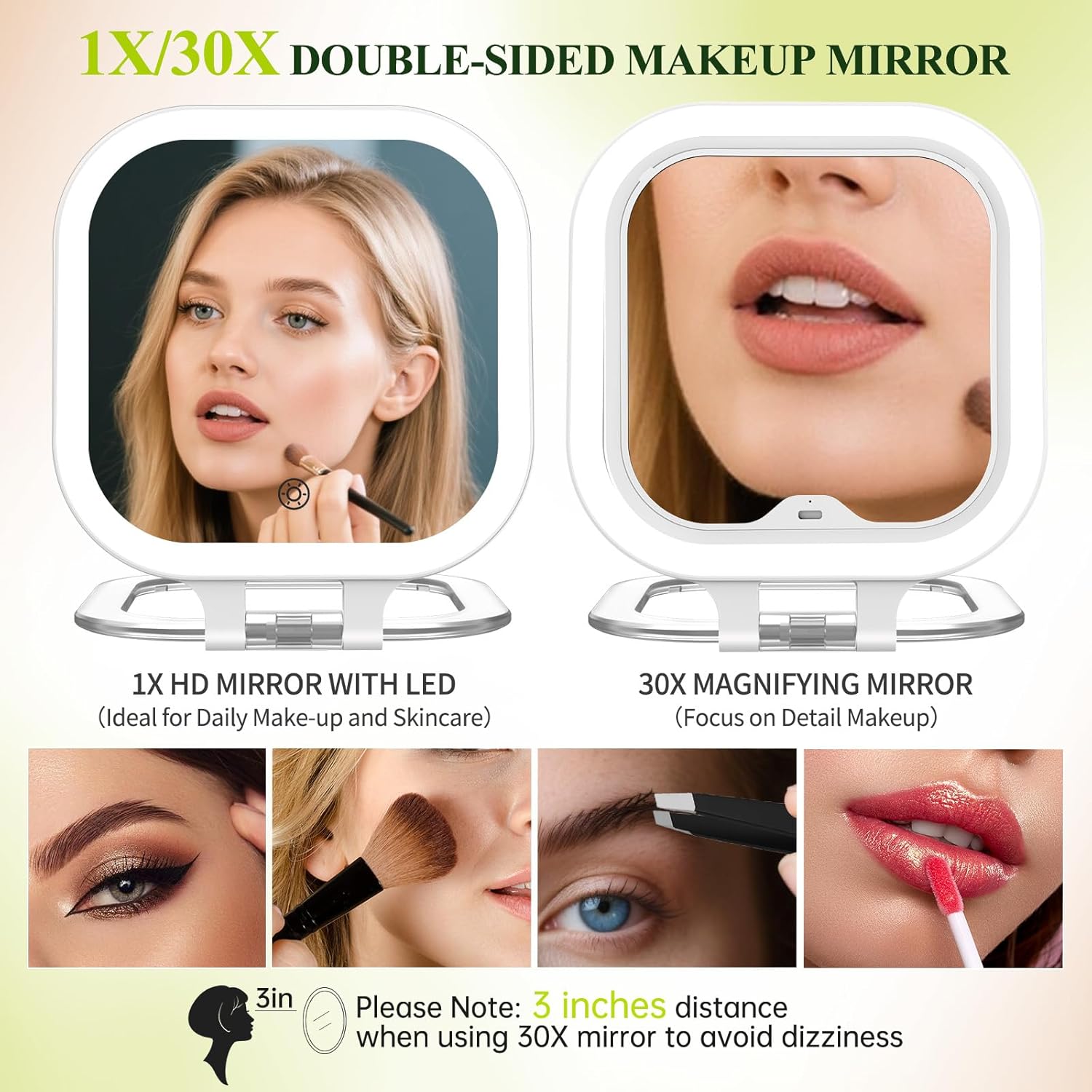 FUNTOUCH 30X Magnification Lighted Makeup Mirror,Double Sided Travel Vanity Mirror with Lights,Rechargeable 3 Color Lights & Adjustable Brightness, 300°Rotation, Foldable Portable for Christmas