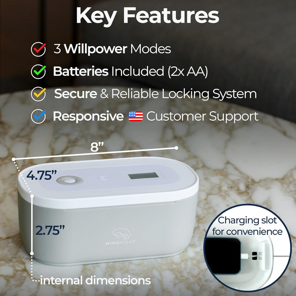 Mindsight Timed Lock Box | Unplug from Phones, Video Games, Social Media, Snacks & Cravings | 3 Modes based on Willpower | Easy to Use | Out of Sight ~ Out of Mind | Boost Your Mental Wellness