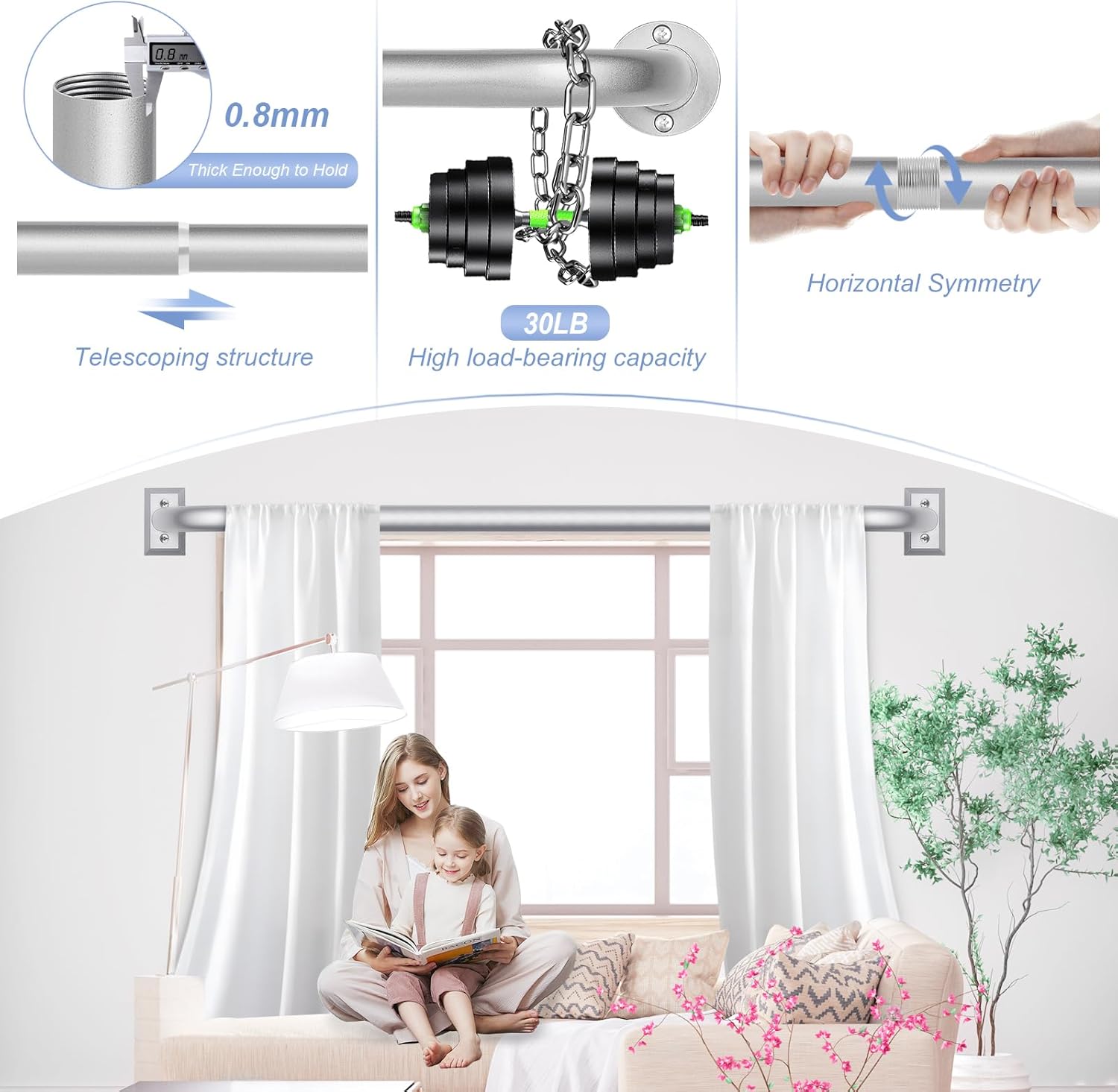 Silver Wrap Around Curtain Rods 48 to 90 Inch:Blackout Heavy duty Adjustable Window Curtain Rod for Bedroom,Industrial Darkening Curved French Metal Single Drapery Rods Easy Install,Nickel