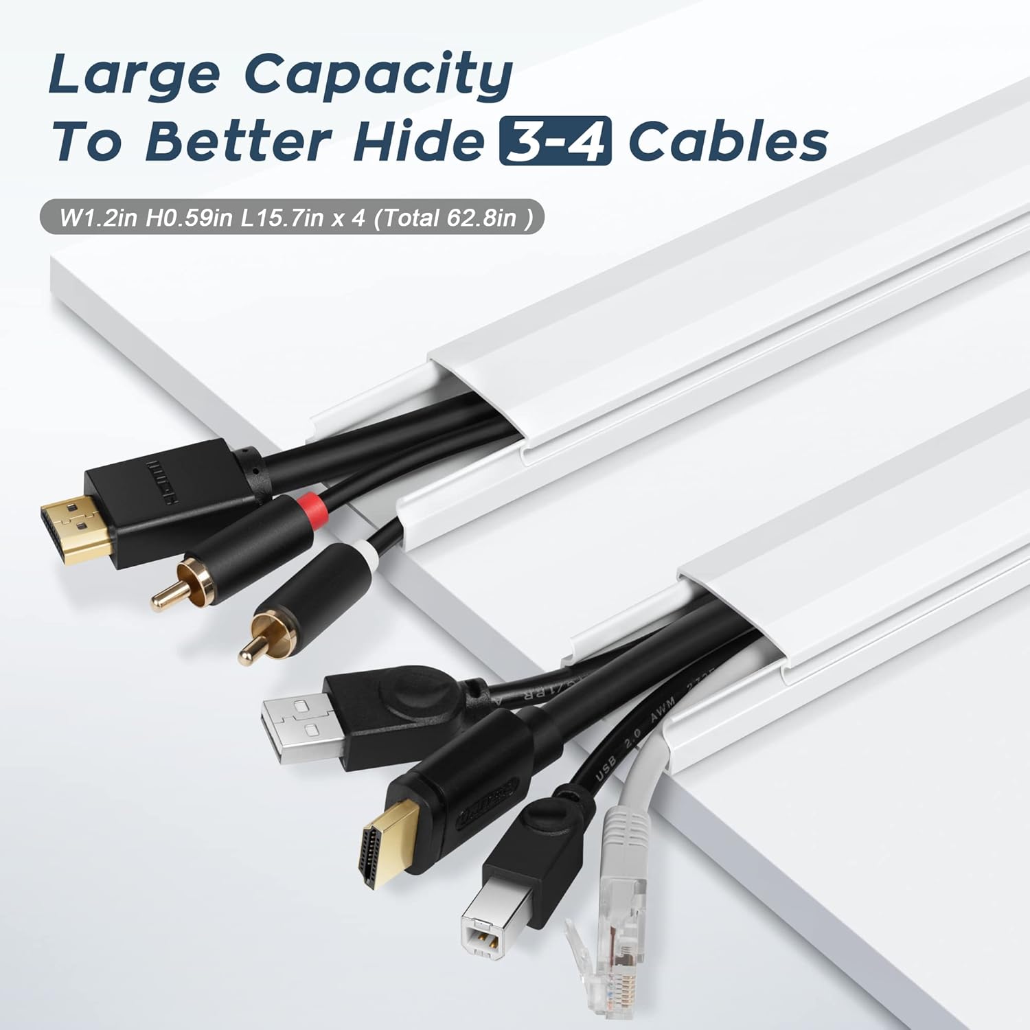 62.8in TV Cable Hider - Cord Hider Cable Management Wall, Cable Raceway Grey Wire Hider, Paintable Cable Concealer for Wall Mounted TV, Wall Wire Covers for Cords, 4* L15.7in *W1.2in *H0.59in