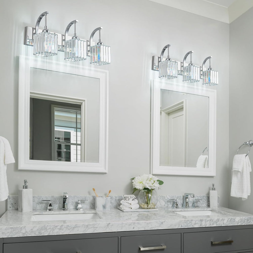 Crystal Vanity Lights 3-Light Chrome Bathroom Vanity Lights Modern Crystal Bathroom Light Fixtures Over Mirror 23.62" Long Vanity Light for Bathroom