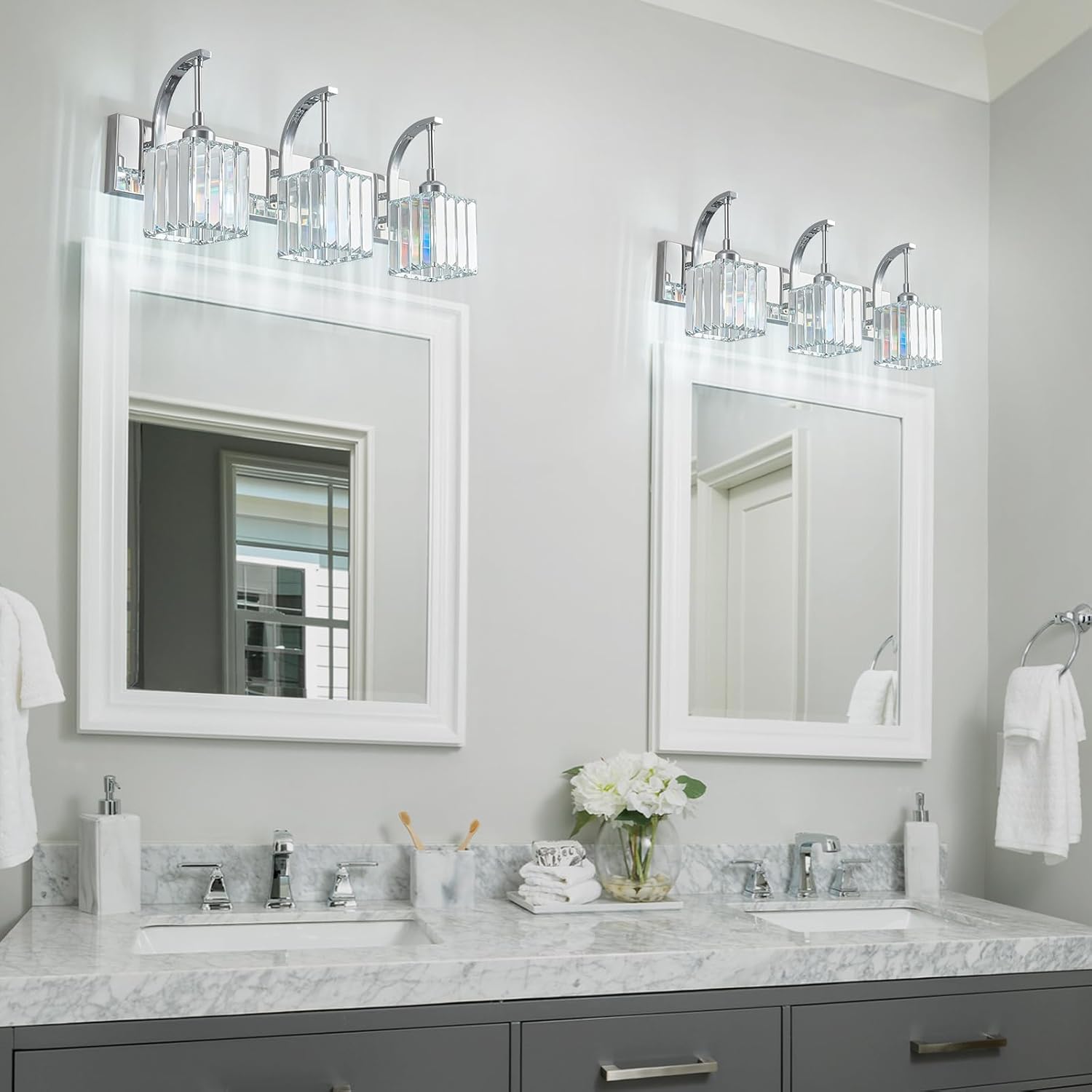 Crystal Vanity Lights 3-Light Chrome Bathroom Vanity Lights Modern Crystal Bathroom Light Fixtures Over Mirror 23.62" Long Vanity Light for Bathroom