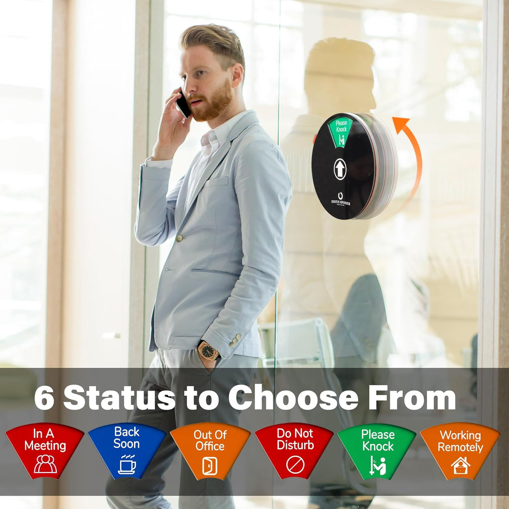 Office Door Signs: 6-in-1 Status Options Including Do Not Disturb, In A Meeting, Working Remotely, Out Of Office, Please Knock, Back Soon - Status Spinner Privacy Signs for Office and Home Use