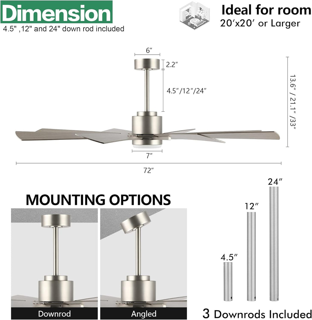 WINGBO 72" DC Ceiling Fan with Lights, Brushed Nickel and Gray Ceiling Fan with 3 Downrods, 8 Plywood Blades, 6-Speed Reversible DC Motor, Modern Ceiling Fans Indoor for Kitchen Bedroom Living Room