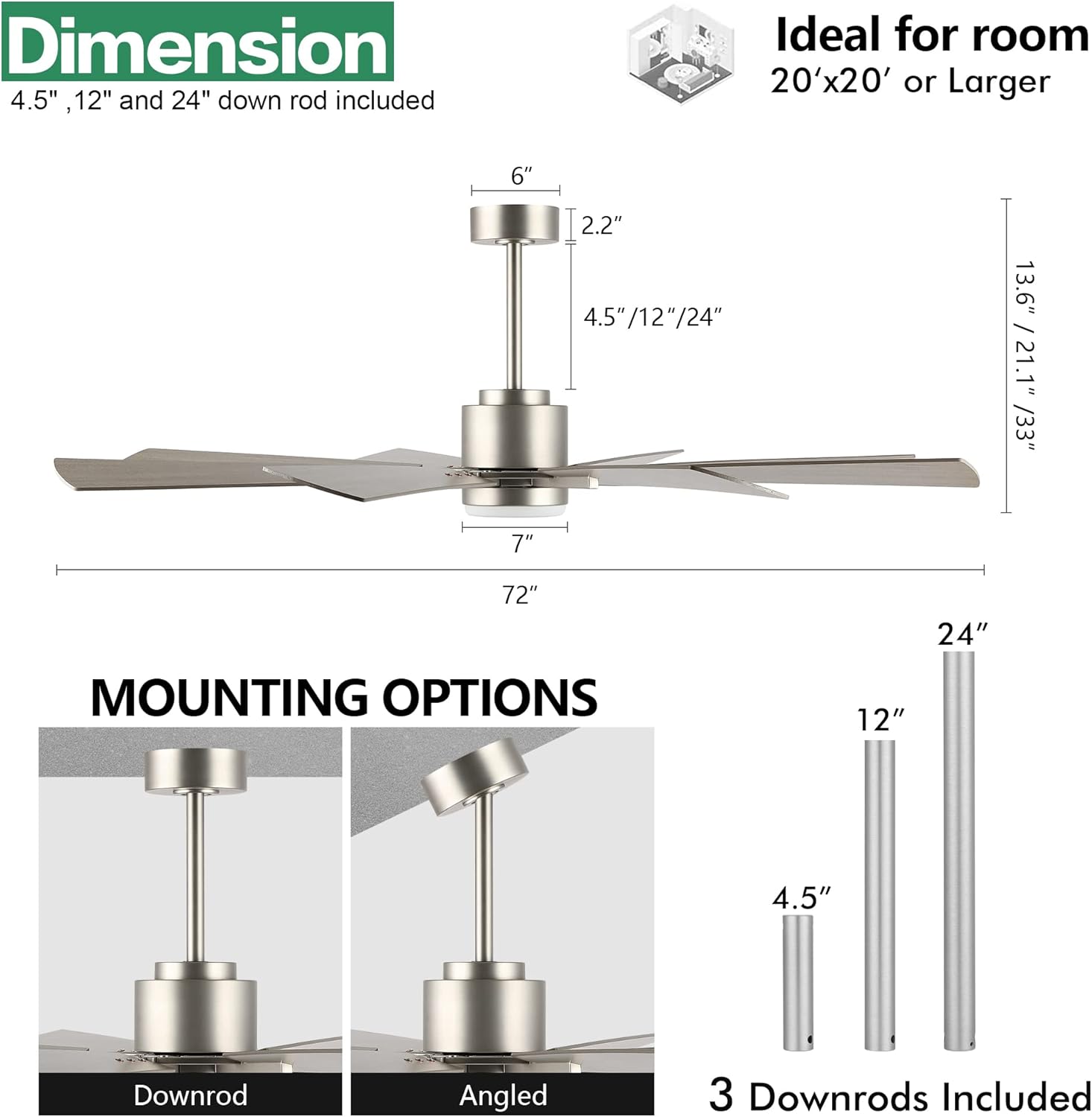 WINGBO 72" DC Ceiling Fan with Lights, Brushed Nickel and Gray Ceiling Fan with 3 Downrods, 8 Plywood Blades, 6-Speed Reversible DC Motor, Modern Ceiling Fans Indoor for Kitchen Bedroom Living Room