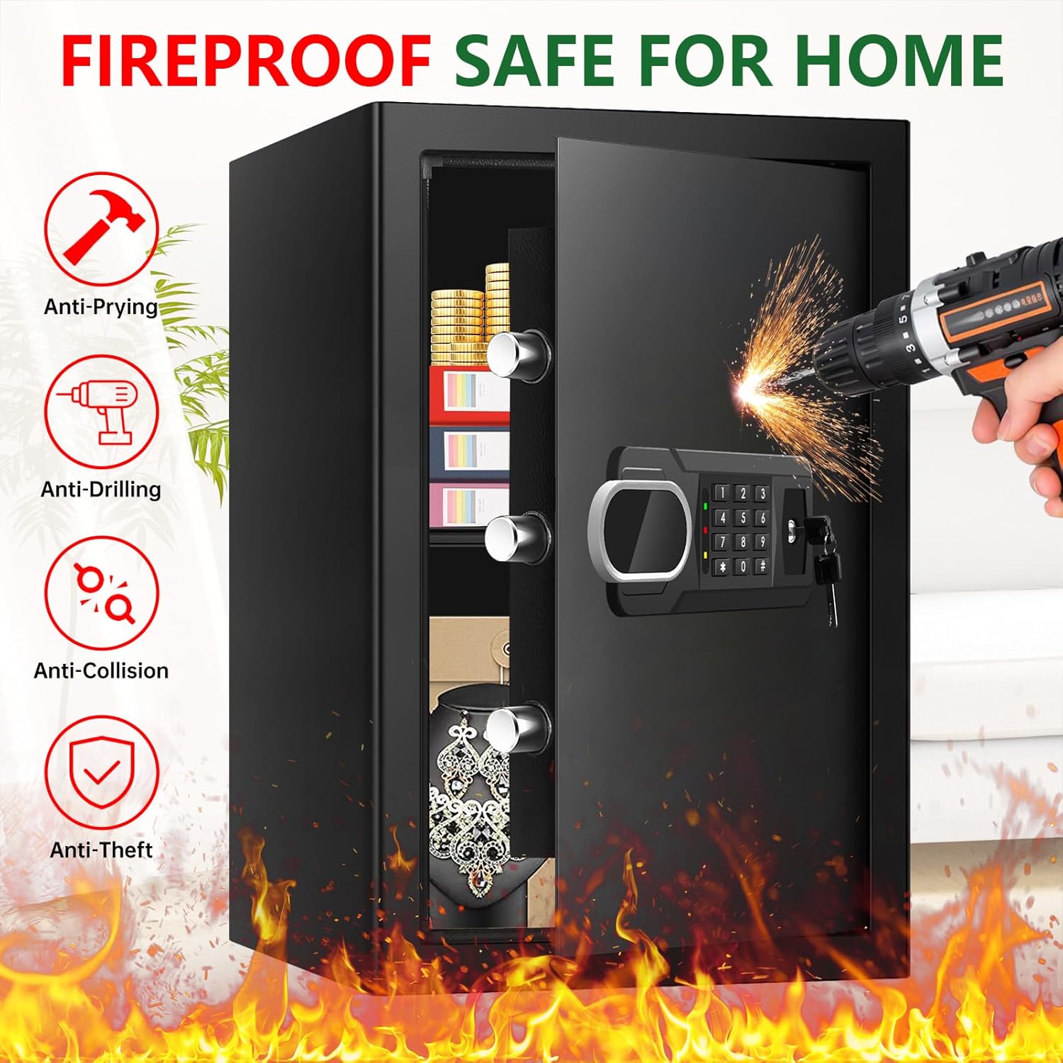 3.3 Cubic Feet Large Fireproof Safes for Home Use, Anti-Theft Digital Security Safe Box With Programmable Keypad & Spare Keys, Home Safes Water and Fireproof for Documents Money Valuables