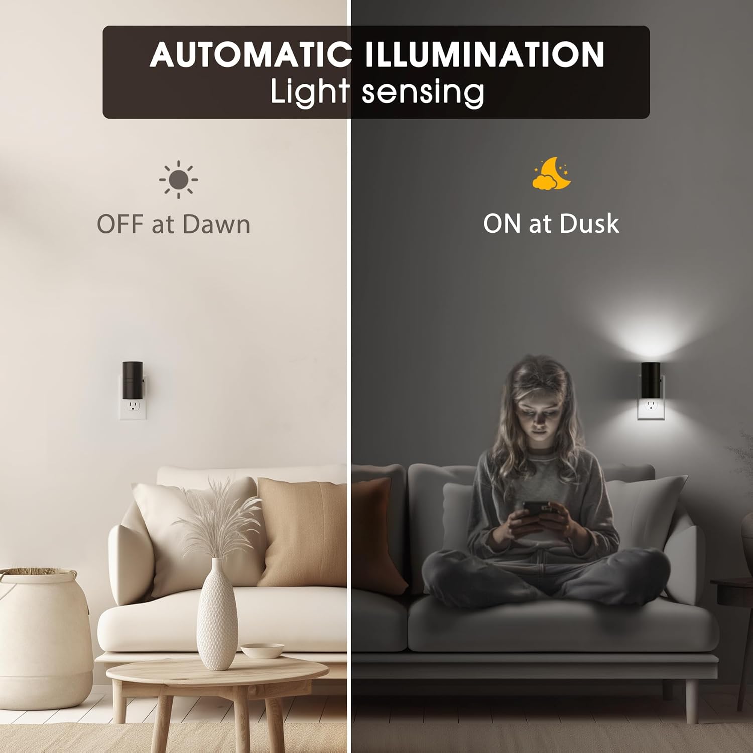 Briignite Night Lights Plug into Wall, Modern LED Night Light Plug in, Dusk to Dawn Sensor, 5000K Daylight, 0-100LM Adjustable Brightness, Dimmable NightLight for Hallway, Bedroom, Stairway, 2 Pack