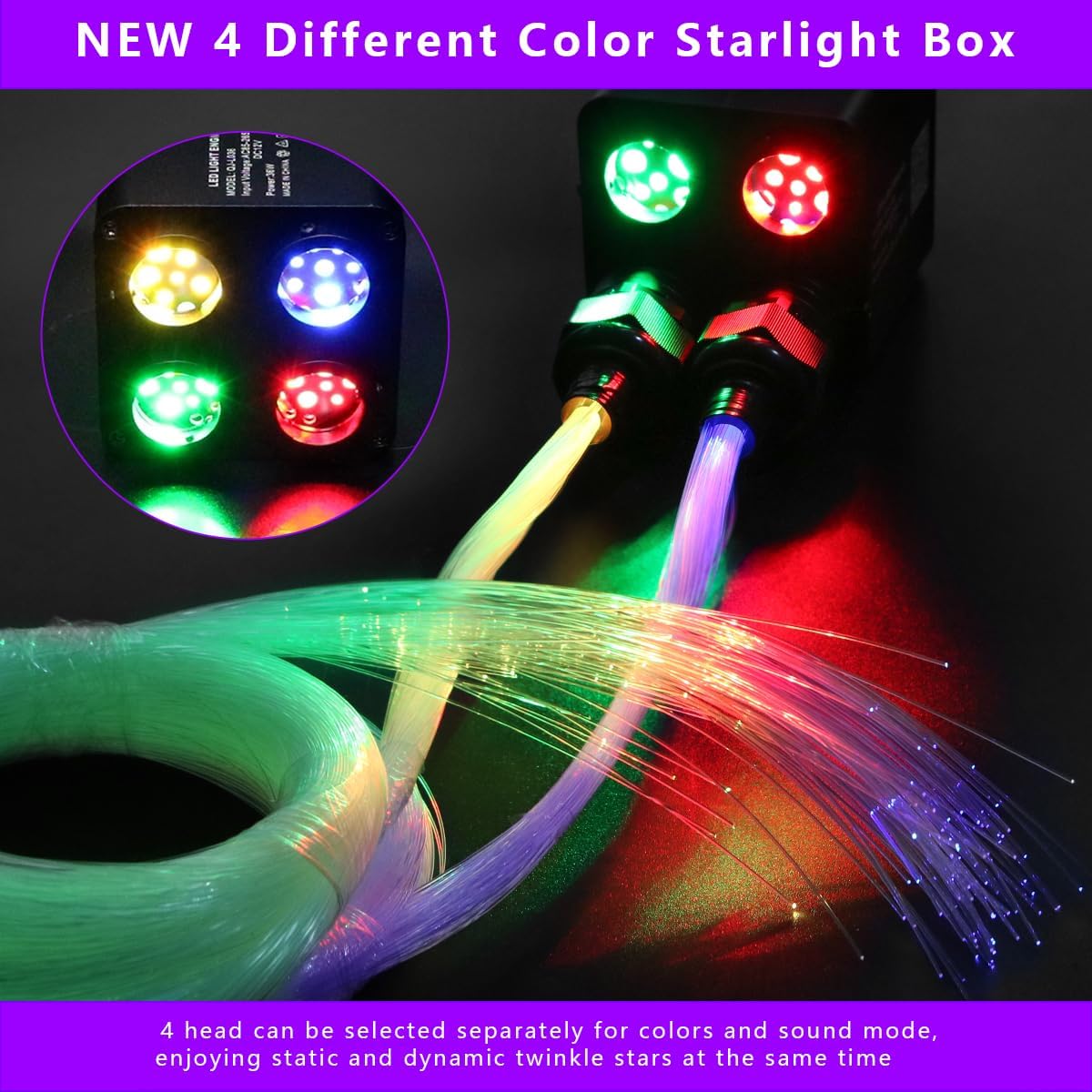 AZIMOM 4color 36W Twinkle Fiber Optic Starlight Box, 4Port Light Source Sound Activated Remote APP Control for Home Indoor Ceiling Car Headliner Star Lighting Decoration
