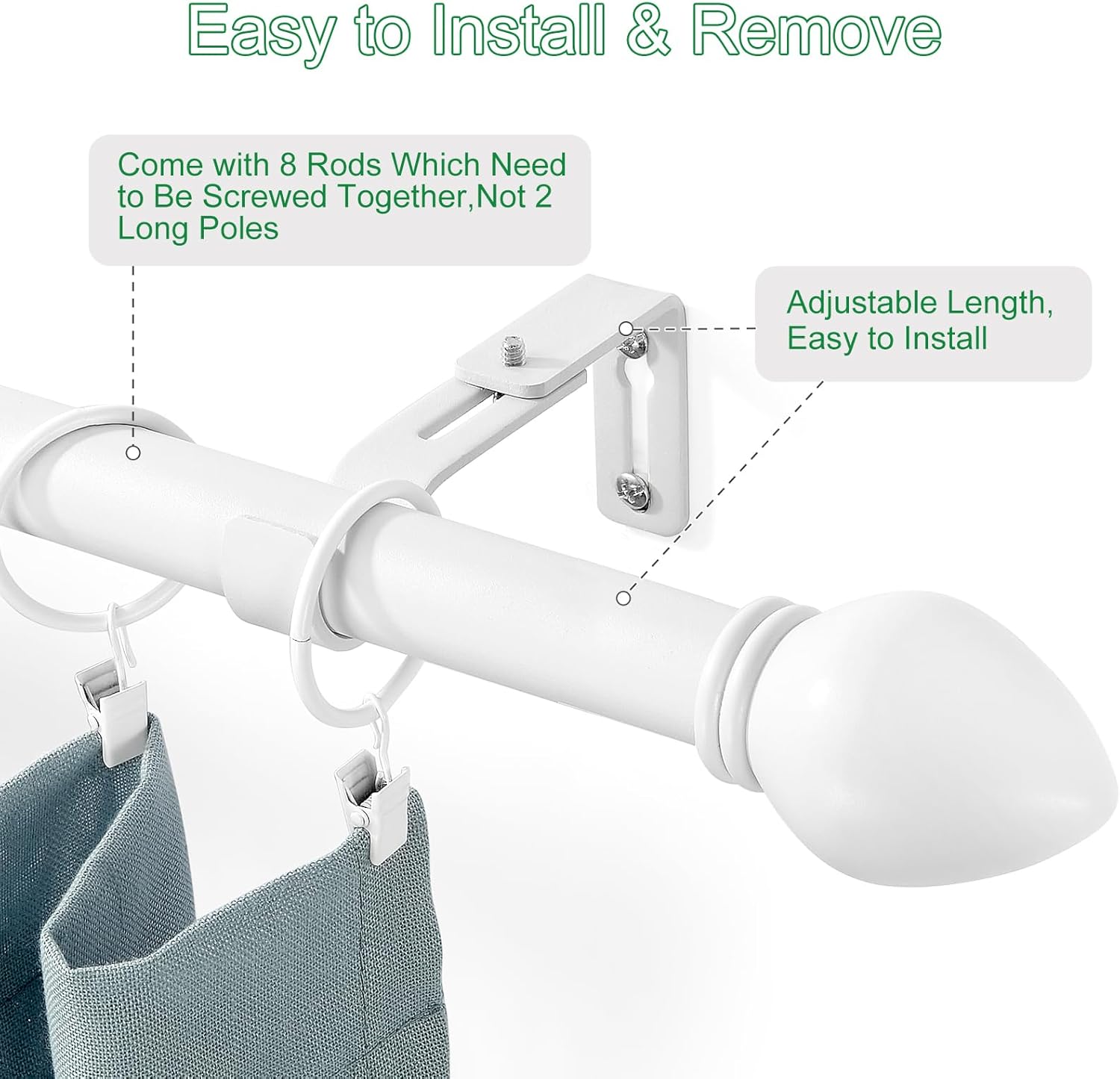 Curtain Rods for Windows 16 to 120 inches, Curtain Rod Max Adjustable Length to 132 in, Drapery Rod 1 inch Diameter with Bracket (White, 16" to 120" - Set of 1)