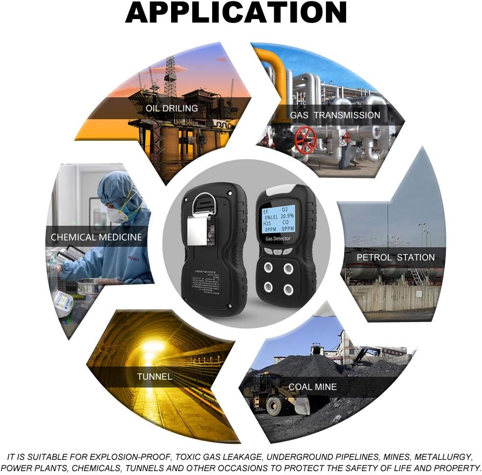 Portable Gas Detector, Gas Clip 4 Gas Monitor Meter Tester Analyzer, Rechargeable LCD Display Sound Light Shock Air Quality Tester, 2 Year Detector…