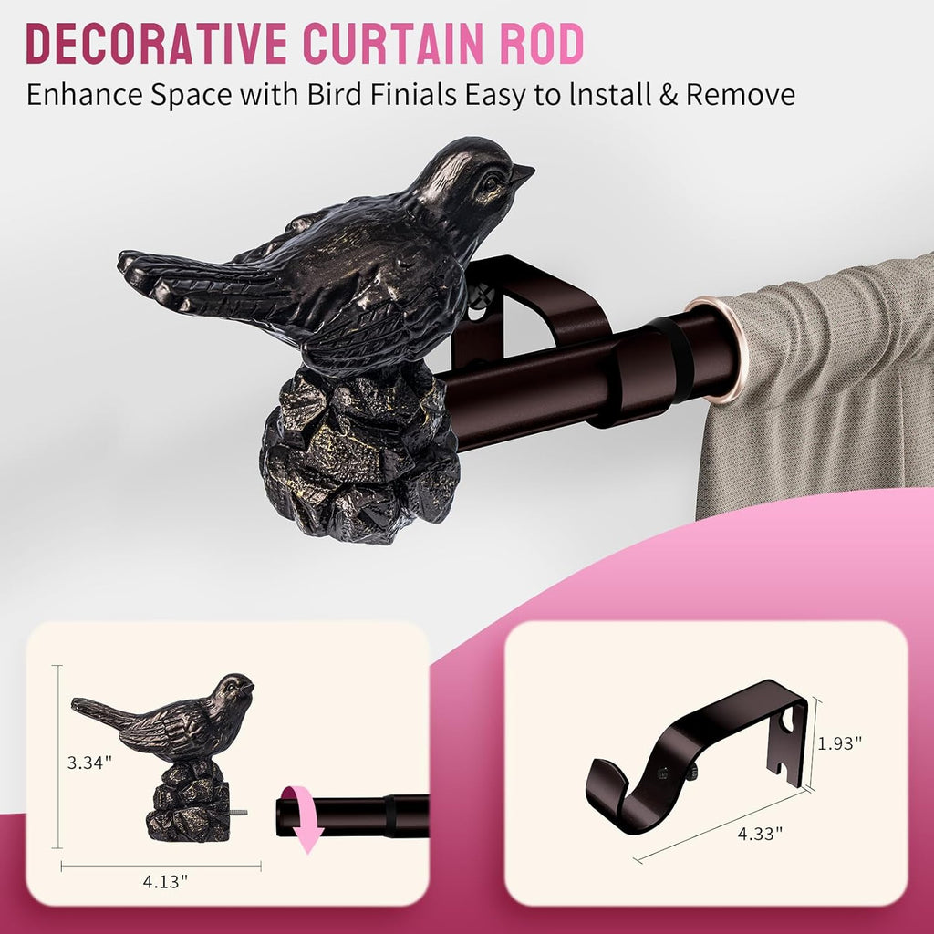 Curtain Rods for Window 36 to 120 Inches Vintage Bronze Curtain Rod with Bird Finials Adjustable Drapery Rod Heavy Duty Curtains Rods for Living Room Kitchen Window