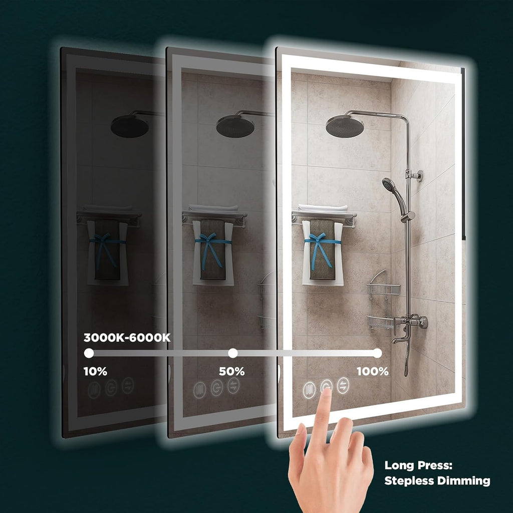 LED Bathroom Mirror 24"x 32" with Stepless Dimmable Wall Mirrors with Anti-Fog, Dimmable CRI>90, Vanity Mirror with 3 Color Modes, Shatter-Proof, Memory Bathroom Mirror with LED Lights