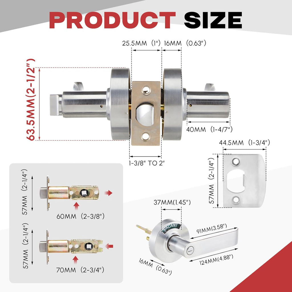Tandefio 1 Set Vacant Occupied Bathroom Lock, Commercial Door Handle with in-use or Vacancy Occupied Deadbolt, Privacy Indicator Restroom Handle Lock for Restrooms, Satin Chrome (63.5 mm,Silver)