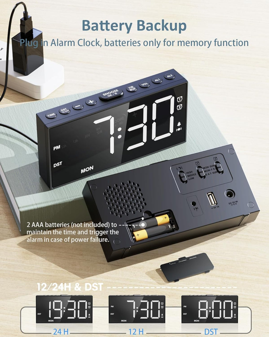 Loud Alarm Clock with Bed Shaker for Heavy Sleeper,3-level Vibrating,Large Digits,Weekday/Weekend Mode,Dual Alarms for Hard of Hearing/Deaf, 5 Volume,Dimmer,USB Charger,Snooze,Battery Backup