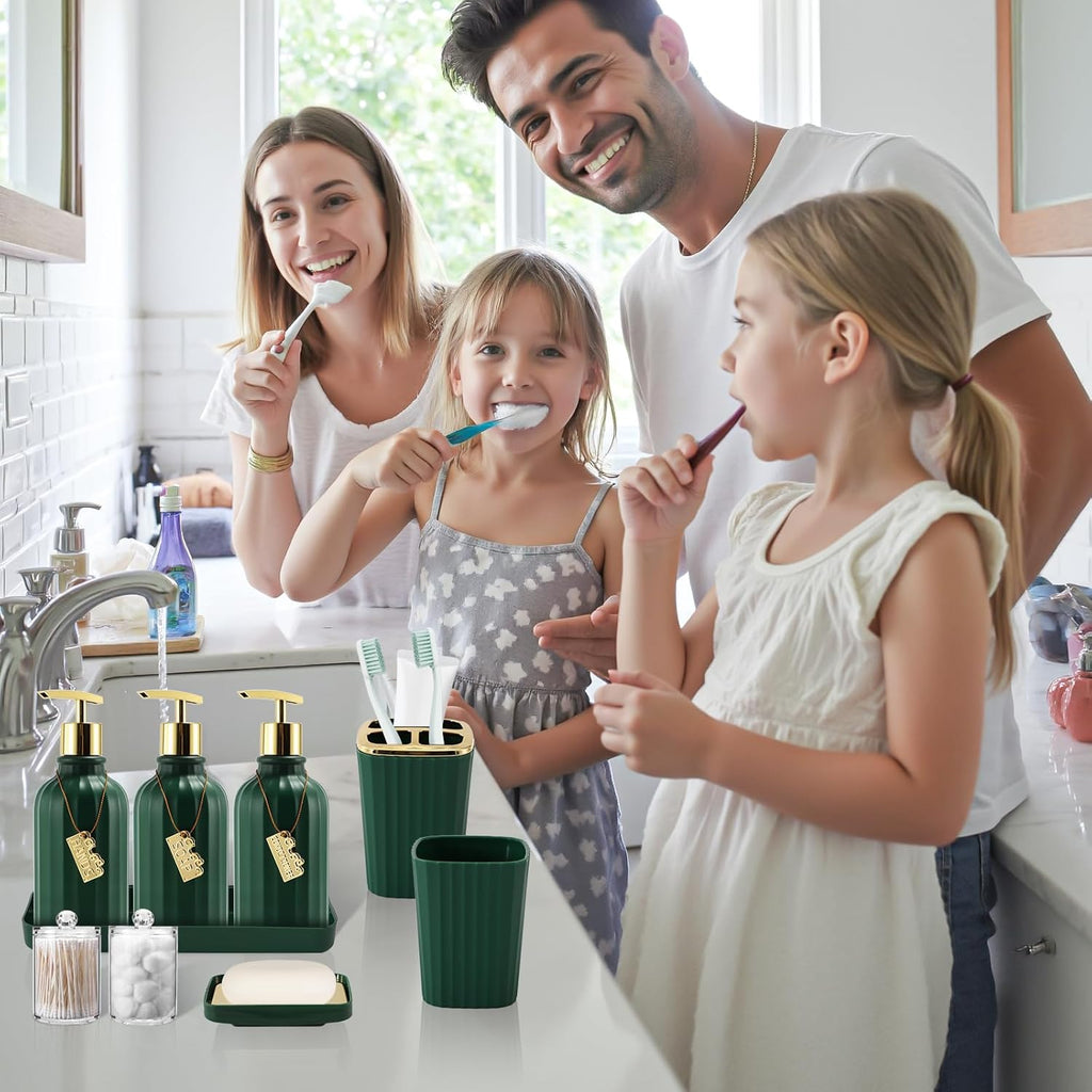 32PCS Bathroom Sets with Shower Curtain and Rugs-Dark Green Bathroom Accessories,Non Slip Bathroom Rugs Set with Toilet Lid Cover, Waterproof Shower Curtain, 3PC Soap Dispenser with Trash Can
