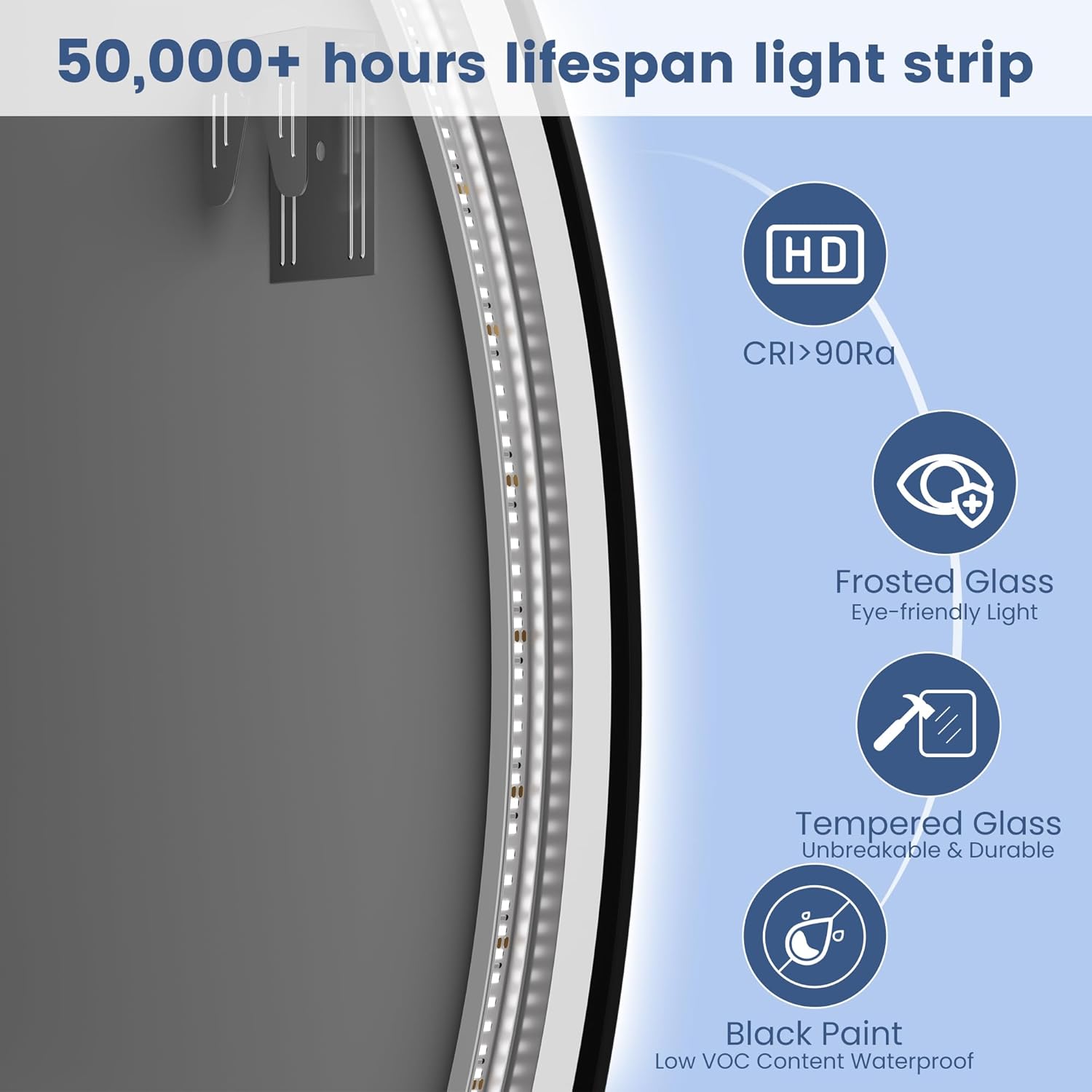 STARLEAD 32" LED-Bathroom-Mirror-with-Lights, Wall-Mounted with Bluetooth, Anti-Fog, 3 Color Temperature Dimmable Brightness, Waterproof, Tempered Glass, Frontlit & Backlit, Black Frameless Round