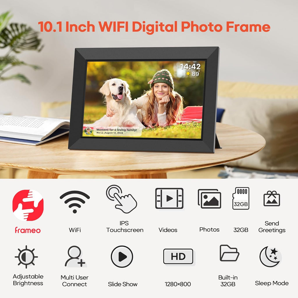 Frameo 10.1 Inch WiFi Digital Picture Frame with 32GB Memory, 1280 x 800 IPS Touch Screen Smart Electronic Photo Frame, Wall Mountable, Auto-Rotate, Share Photos/Videos Via Frameo App from Anywhere