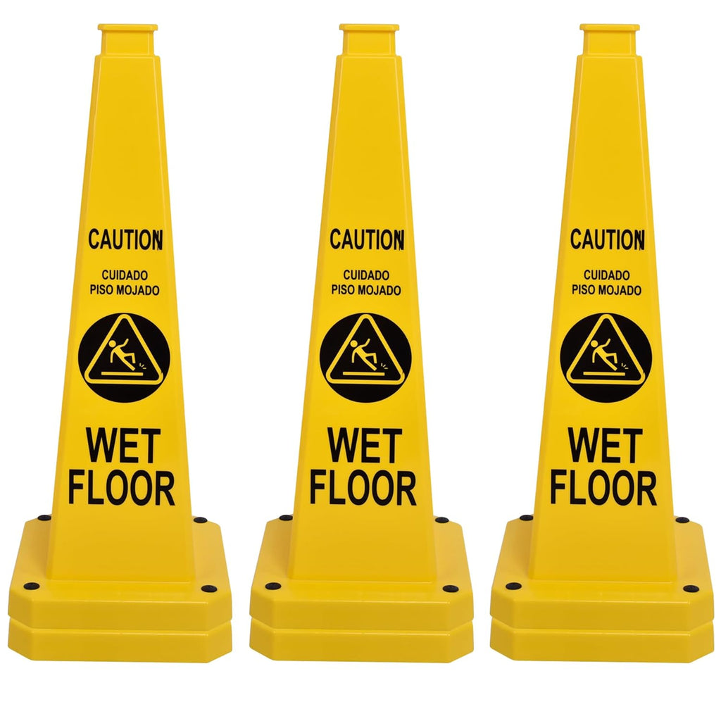 OrangeStar 6-Pack 28" Wet Floor Caution Cones, Yellow 4-Sided Bilingual Warning Message Safety Traffic Cones with Heavy Rubber Base for Indoor/Outdoor Use