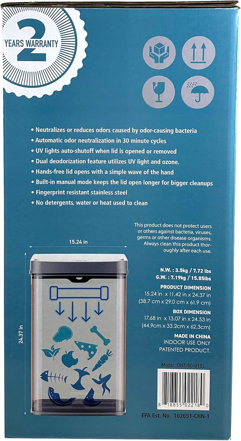 Ninestars 13 Gallon Odor Neutralizing Smart Trash Can, UV + Ozone Dual Purification, Odor Control Motion Sensor Garbage Bin, Universal Power Adapter, ONT-50-81SL Stainless Steel, Silver, Nova Series