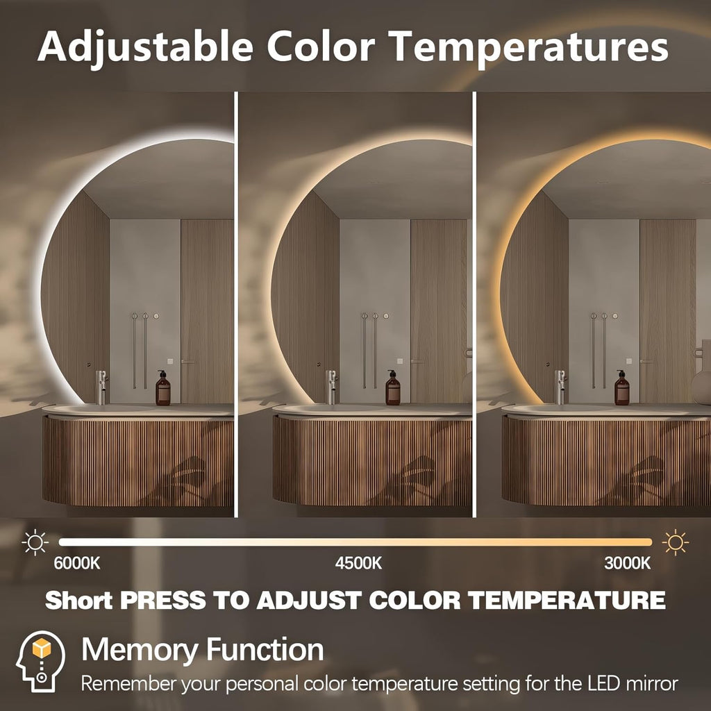 Niccy Half Moon LED Mirror for Bathroom, 28" Semi Backlit Frameless Makeup Mirror with Light, Anti-Fog, Shatter-Proof, 3 Colors, Smart Vanity Mirror